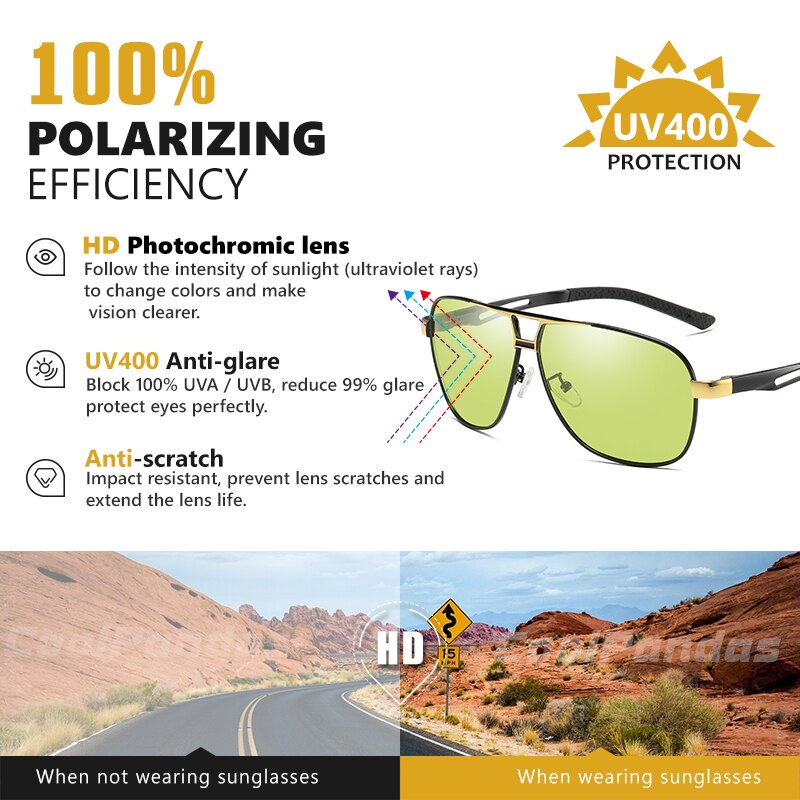 Photochromic Sunglasses Men Polarized Driving Pilot Chameleon