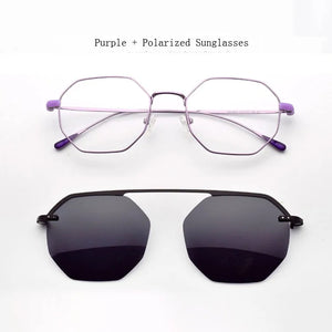 Glasses Frame For Women Retro Polygon Ultra-Light Thin Side Glasses  Purple Polarizing Sunglasses Magnet  Decorative Glasse