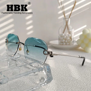 HBK 2023 New Pilot Frameless Men Sunglasses UV400 Wave Cutting Green Gradient Lens Rimless Sun Glasses Women Punk Shade Eyeglass