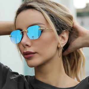 HBK Blue MIRROR Frameless Gold Metal Ladies Sunglasses Men Rimless Brown Sun Glasses For Women Shades Cutting Eyeglass