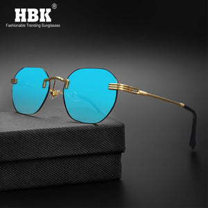 HBK Blue MIRROR Frameless Gold Metal Ladies Sunglasses Men Rimless Brown Sun Glasses For Women Shades Cutting Eyeglass