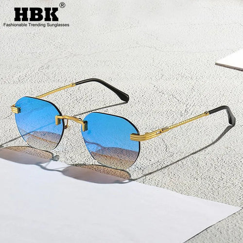 HBK Blue MIRROR Frameless Gold Metal Ladies Sunglasses Men Rimless Brown Sun Glasses For Women Shades Cutting Eyeglass