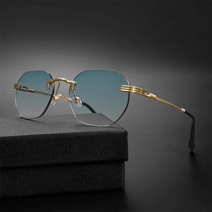 HBK Blue MIRROR Frameless Gold Metal Ladies Sunglasses Men Rimless Brown Sun Glasses For Women Shades Cutting Eyeglass