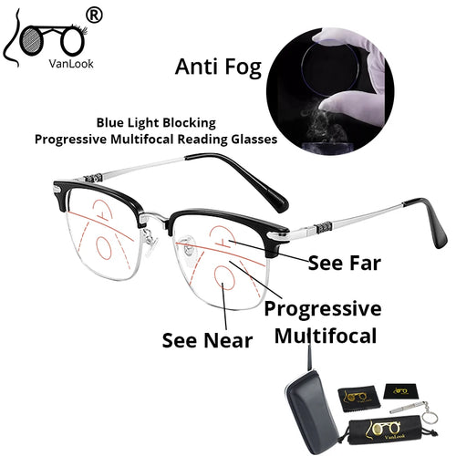 Progressive Multifocal Men Reading Glasses Anti Fog Blue Light Blocking For Computer Women Metal Big Square Eyewear Frame UV+1.5