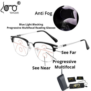 Progressive Multifocal Men Reading Glasses Anti Fog Blue Light Blocking For Computer Women Metal Big Square Eyewear Frame UV+1.5