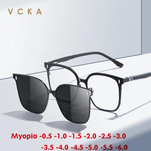 VCKA 2 IN1 Polarized Myopia Sunglasses New Men Women Magnetic Set Prescription Aluminum Magnesium Glasses Big Frame -0.50 to -10