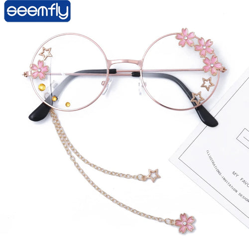 seemfly Summer Cute Sakura Pendant Clear Optical Glasses Frame Women Round Vintage Eyeglasses Eyewear Girls Cosplay Decor