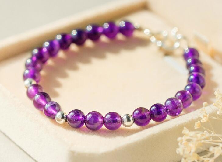 100% Real. 925 Sterling Silver Jewelry 6.5MM Natural Purple Amethyst Stone &Bead Bracelet Charms length 15.5cm GTLS404