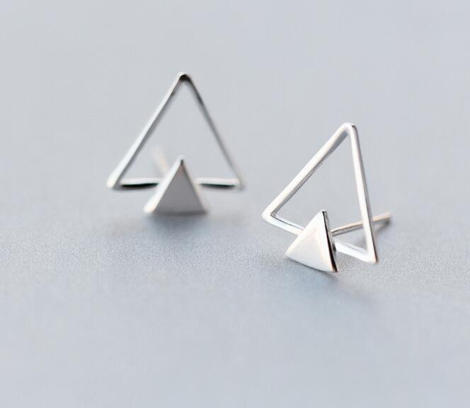 100% Real. 925 Sterling Silver jewelry Geometric Double Triangle stud Earrings 14mm*15mm Wholesale GTLE1405