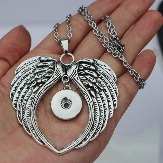 1PC High Quality 50cm Steel Chain Big Angel Wing Pendant Necklace for 18MM /20MM Diy Snap Jewelry Necklace ENC014