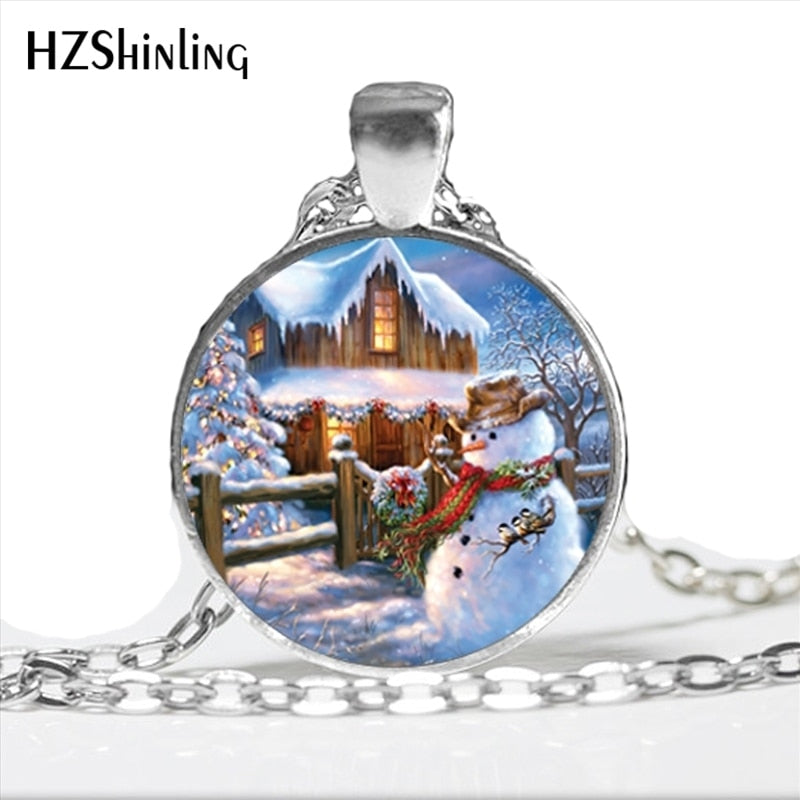 2017 New Arrival Christmas Night Necklace Trendy Glass Cabochon Snowman and Birds Christmas Beautiful Night Necklace