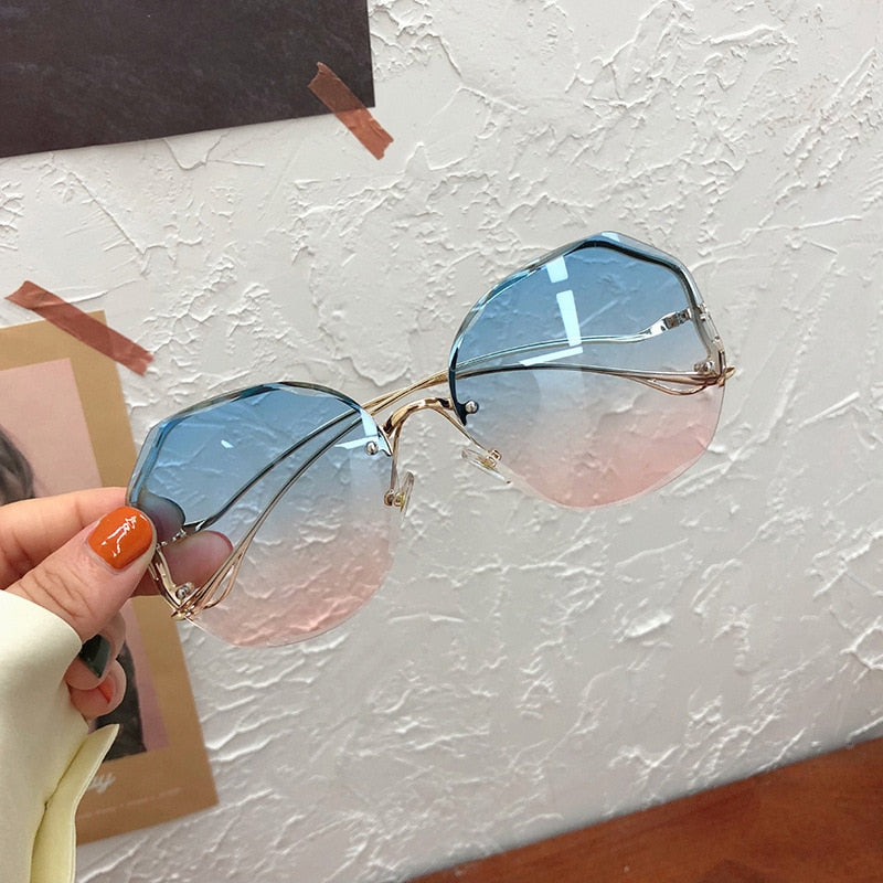 Women Sunglasses Fashion Gradient Cut Trimmed Lens Metal Sun Glasses  Decoration