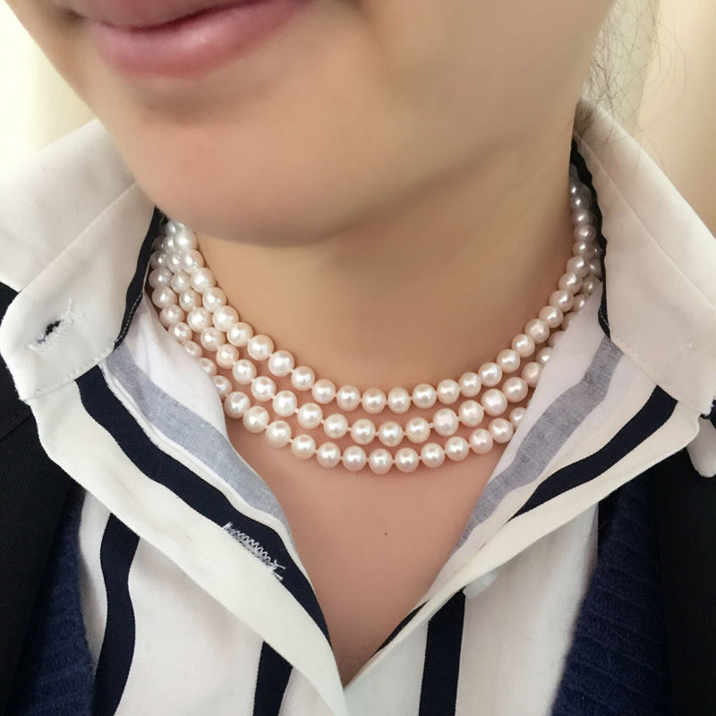 3 rows wedding natural pearl necklace women,multilayer mother birthd gift pearl choker necklace 925 silver jewelry