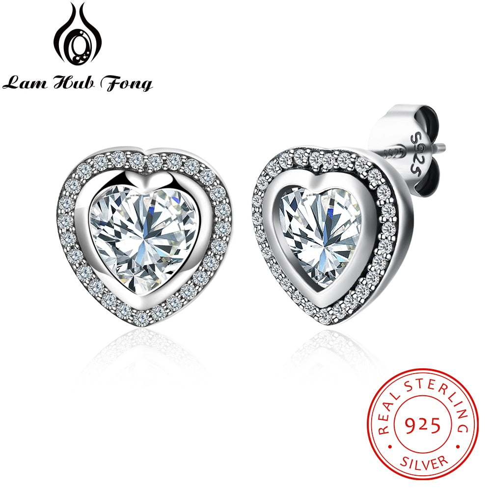 925 Sterling Silver Classic Style heart shape Stud Earrings With Crystal For Women Jewelry Engagement Gift 2018(Lam Hub Fong)