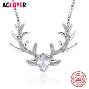 925 Sterling Silver Fine Jewelry Christmas Elk Antlers Deer AAA Crystal Choker Necklaces Pendants For Women