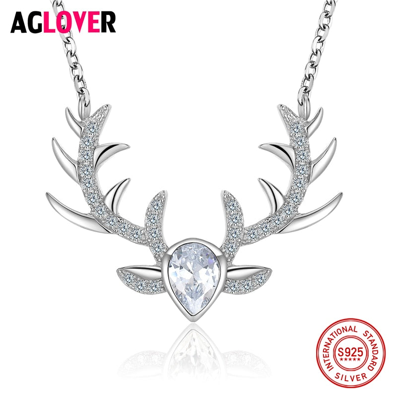 925 Sterling Silver Fine Jewelry Christmas Elk Antlers Deer AAA Crystal Choker Necklaces Pendants For Women