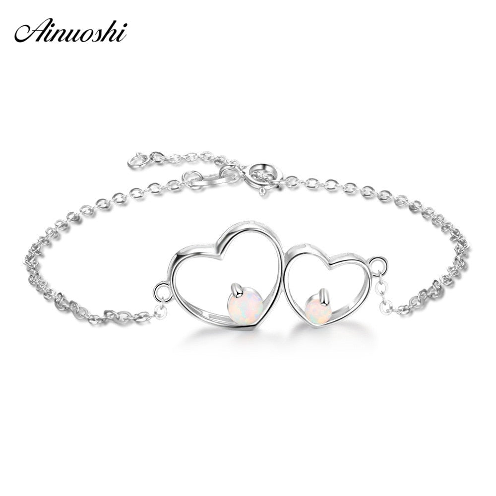 Genuine 925 Silver Hollowed Heart Bracelet Double Cute Hearts Opal Chain Link Bracelet Jewelry Lovers Present for girl