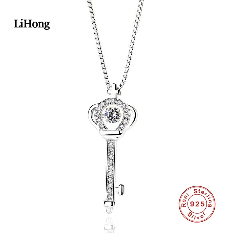 Authentic Sterling Silver Necklace Crown Key AAA Zircon Pendant Silver Chain Fashion Woman Charm Jewelry