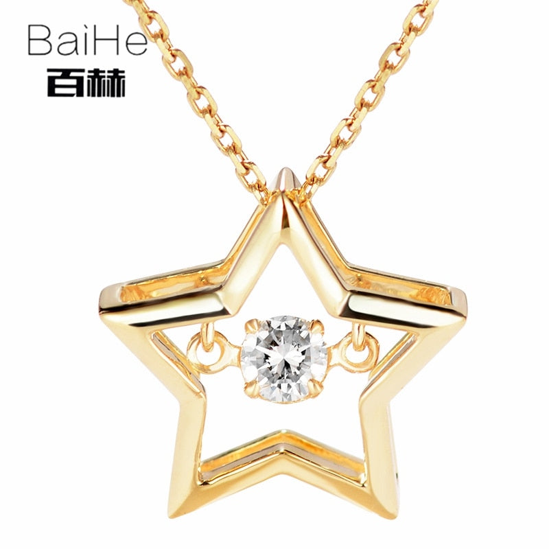 BAIHE Solid 14K Yellow Gold 0.08ct Certified H/SI 100% Genuine Natural Dancing Diamond Women Trendy Fine Jewelry Gift Necklaces