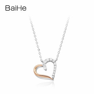 BAIHE Solid 18K White & Rose Gold 0.12ct Certified Round cut 100% Genuine Natural Diamonds Women Wedding Fine Jewelry Necklaces