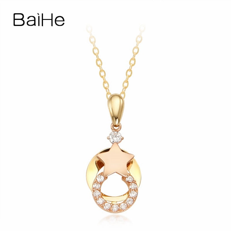 BAIHE Solid 18K Yellow & Rose Gold 0.12ct Certified Round cut 100% Genuine Natural Diamonds Women Wedding Fine Jewelry Necklaces