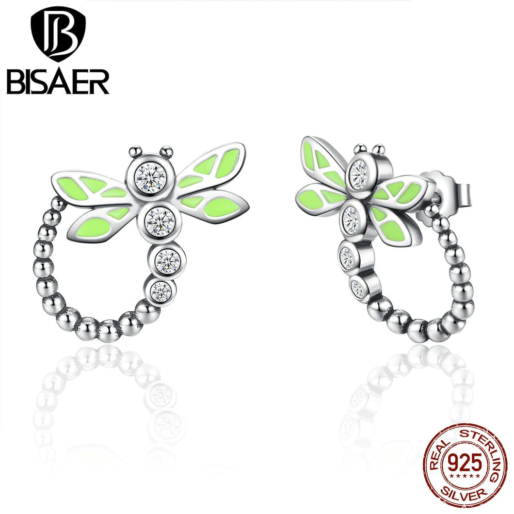 BISAER Reale Argento Sterling 925 Vivido Verde Libellula Animale Orecchini con perno Per Le Donne Gioielli Anniversario di Moda ECE018 