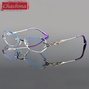 Chashma Tint Lenses Myopia Glasses Reading Glasses Diamond Cutting Rimless Titanium Glasses Frame for Women