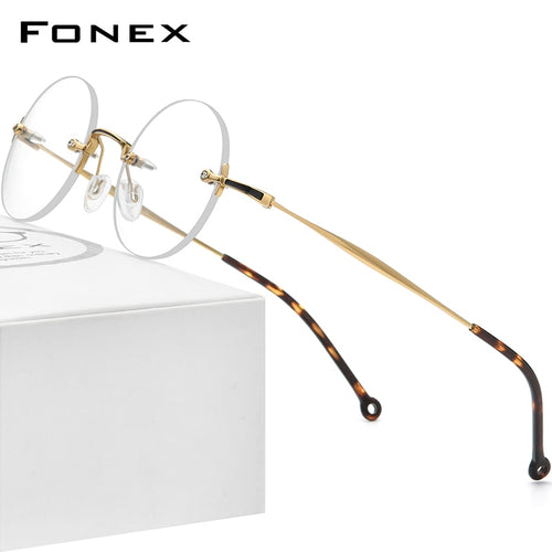 FONEX Pure Titanium Glasses Frame Men 2023 Rimless Retro Round Prescription Eyeglasses Frames Women Optical Eyewear F9141