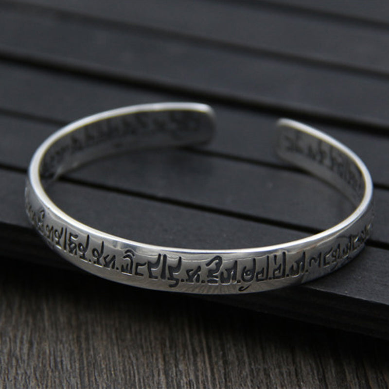 Buddhist Scriptures Bracelet Men's Classic Retro S999 Thai Silver Six Words Mantra Open Bangle Women's Jewelry