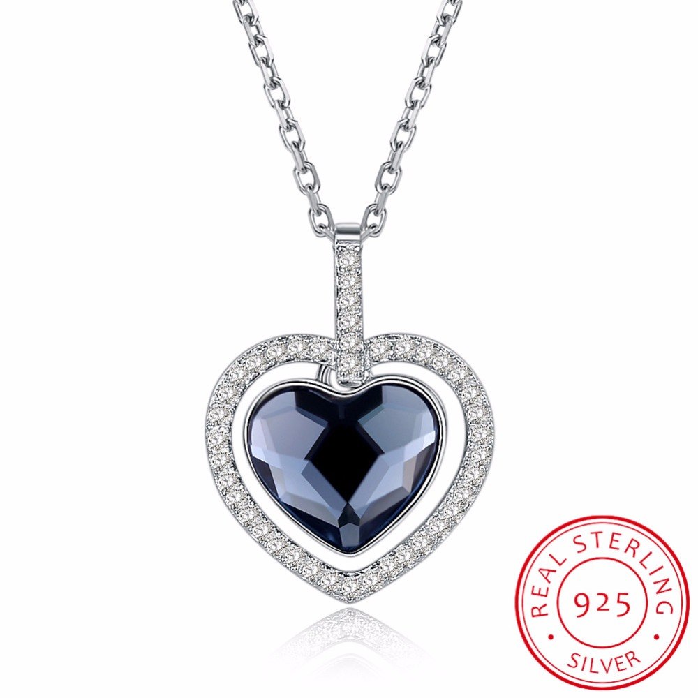 Collana con pendente in vero argento sterling 925 di buona qualità, nobile e lussuoso, con cristalli famosi a forma di cuore brillante 