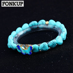 Forkup Natural Turquoise Bangle Romantic Women Wristband Heart Chain Wedding Jewellery Stone Beads Bijoux Cheville Original Yoga