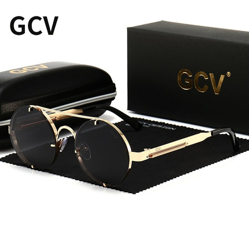 GCV  Gothic Steampunk Sunglasses Polarized Men Women Brand Designer Vintage Round Metal Frame Sun Glasses