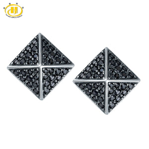 Hutang Natural Black Spinel Stud Earrings Solid 925 Sterling Silver Pyramid Earring For Women Best Gift Fine Jewelry