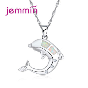 New 925 Sterling Silver Animal Dolphine White Fire Opal Pendants Necklaces For Women Fine Jewelry Wedding Party Necklace