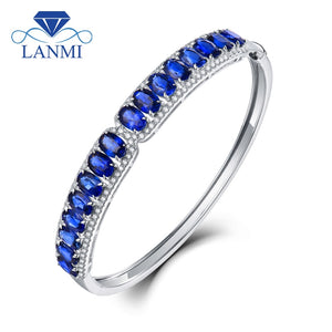 Real 18Kt Au750 White Gold Natural Blue Sapphire Bangle Good Quality Gemstone Bling Diamond Jewelry for Women Wedding