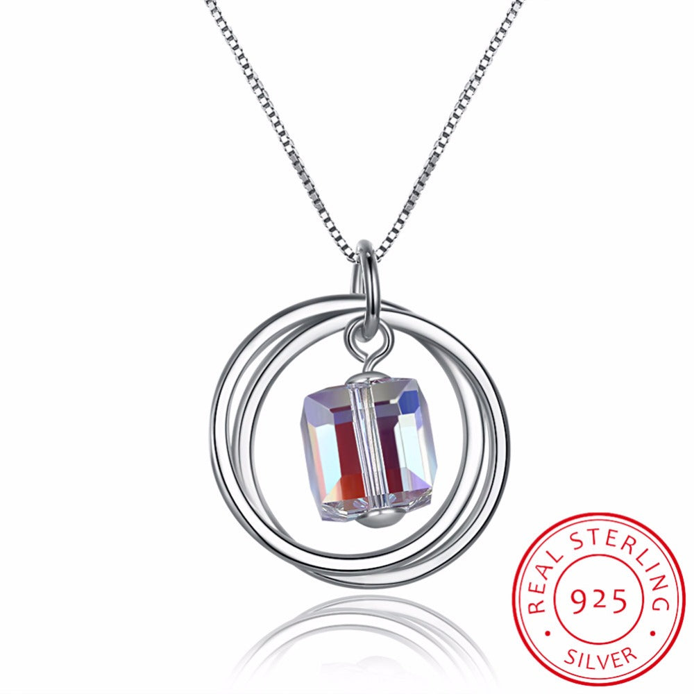 Carino vero. Collana in argento sterling 925 con ciondolo a forma di cubo di cristallo, gioielleria raffinata, doppio cerchio, cerchio della vita, di buona qualità 