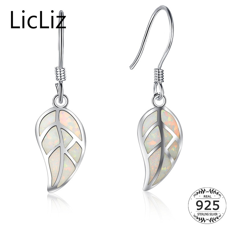 925 Sterling Silver Leaf Dangle Earrings For Women White Fire Opal Earings Drops Pierced Ear Hook Earrings Brincos LE0304