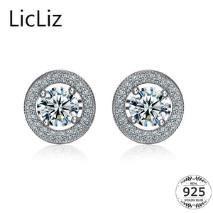 Round Stud Earrings White Cubic Zirconia Solitaire Halo Earing Post Women 925 Sterling Silver Pierced Ear Studs LE0321