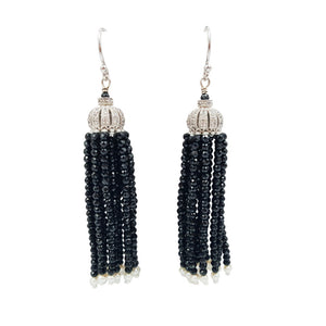 Natural Black Spinel ,AAA Pearl Tassel 925 sterling silver Long Drop Earrings total size approx 6.5cm