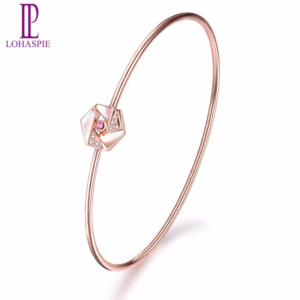 Lohaspie Diamond-Jewelry 18K Rose Gold Natural Gemstone Ruby & Pink Shell Bangle Fine Fashion Stone Jewelry Love Gift