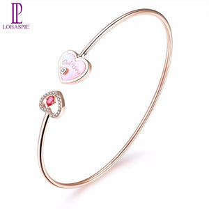 Lohaspie Diamond-Jewelry Natural Gemstone Ruby Pink Shell 18K Rose Gold Heart Open Bangle Fine Fashion Stone Jewelry Love Gift