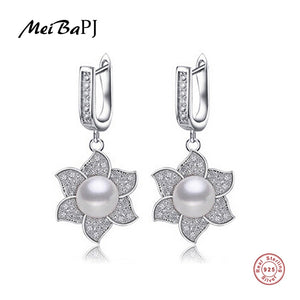 [MeiBaPJ]Luxury Europea flower 925 sterling silver earrings for women high quality natural pearl jewelry 4 colors stud earrings