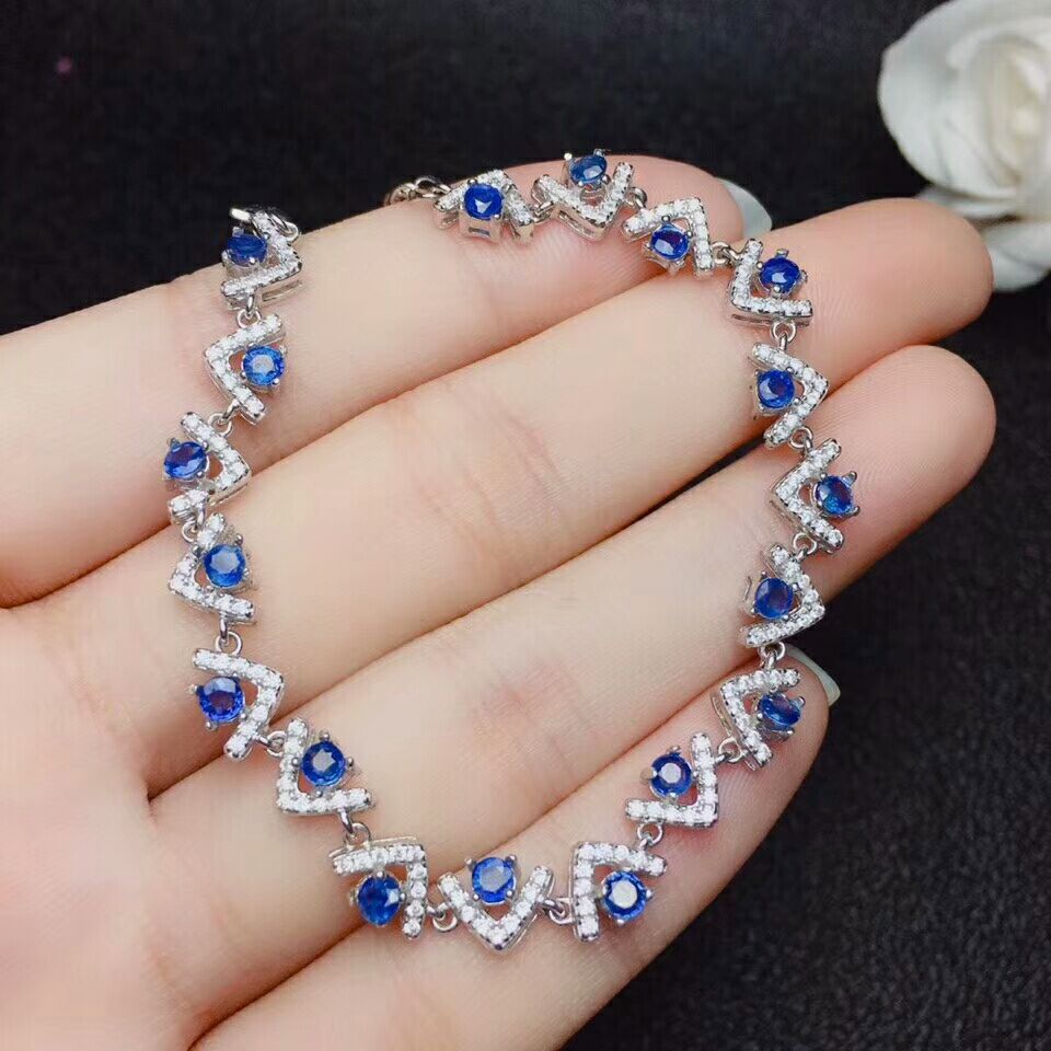 [MeiBaPJ]Real Natural Sapphire Gemstone Bracelet 925 Sterling Silver Blue Stone Bangle for Women Fine Wedding Jewelry