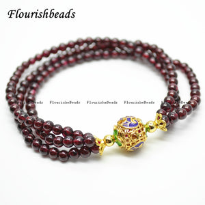 Multi Rows Natural Garnet Stone Round Beads Metal Ball Round Enamel Charm Bracelet Fashion Woman Party Jewelry