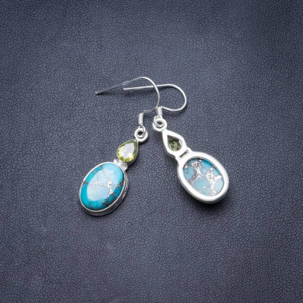 Natural Turquoise and Peridot Handmade Unique 925 Sterling Silver Earrings 1.5 Y3575