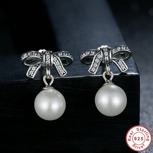 New Arrival 925 Sterling Silver Graceful Bow Knot & White Pearl Earrings For Women Luxury Authentic Original Jewelry