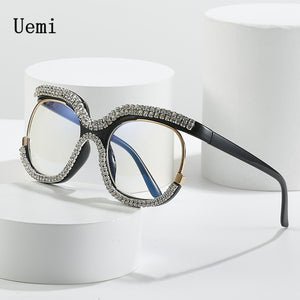 Retro Diamond Round Anti Blue Light Women Glasses Vintage Oversized Frame  Clear Computer Eyeglasses Ladi