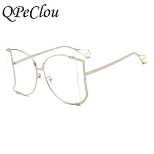 QPeClou 2023  Pearl Sunglasses Women Oversized Metal Hollow Sun Glasses Ladies Clear Glasses Frame Spectacles