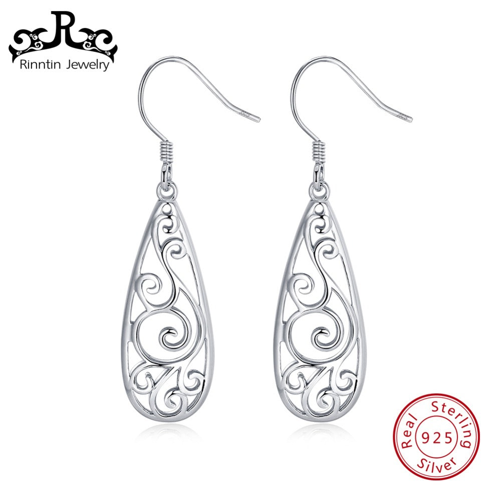 Authentic 925 Sterling Silver Women Earrings Water Drop Hollowed Flower Hook Design Bohemia Female Party Jewelry TSE80