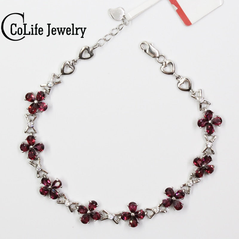 Romantic flower bracelet 32 pcs natural wine red garnet silver bracelet solid 925 silver gemstone bracelet brithd gift